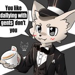 1:1 4_fingers aliasing anthro beverage black_eyes black_tie_(suit) blush blush_lines bow_tie boy_kisser_(meme) cel_shading cheek_tuft claws clothing cloudrider_(artist) container cup cute_fangs dialogue digital_media_(artwork) domestic_cat english_text facial_tuft fangs felid feline felis finger_claws fingers fur hat headgear headwear holding_beverage holding_object icon impact_(font) lol_comments looking_at_viewer male male_anthro mammal meme pawpads paws reaction_image shaded shitpost signature silly_cat_(mauzymice) solo speech_bubble suit talking_to_viewer tea tea_cup teeth terribly_british text toony top_hat tuft white_body white_fur