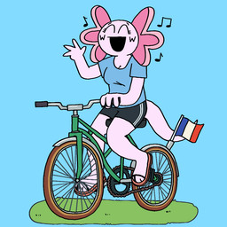 4_fingers anthro bicycle black_bottomwear black_clothing black_shorts blue_background blue_clothing blue_shirt blue_topwear bottomwear breasts clothed clothed_anthro clothed_female clothing eyelashes eyes_closed female fingers footwear french french_flag grass happy musical_note musical_symbol non-mammal_breasts open_mouth open_smile pink_body plant riding_bike sandals shirt shoes shorts simple_background sitting smile solo symbol tail topwear vehicle freoncat normalsville esme_(normalsville) amphibian aquatic axolotl mole_salamander salamander 1:1 2025 colored digital_drawing_(artwork) digital_media_(artwork)