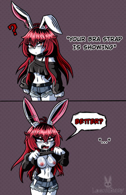 anthro areola belt black_clothing black_crop_top black_shirt black_topwear bottomwear bra_strap breasts clothed clothing clothing_lift collar crop_top dialogue ear_piercing eyelashes eyeshadow female fur hair makeup navel nipples piercing pink_nipples red_eyes red_hair scut_tail shirt shirt_lift short_tail shorts solo speech_bubble standing tail text topwear white_body white_fur looniebunny bra_strap_showing_(meme) loonie_warren lagomorph leporid mammal rabbit 2026 absurd_res aliasing comic digital_media_(artwork) english_text hi_res meme signature