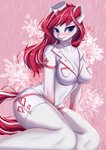 anthro big_breasts blue_eyes blush breasts cleavage clothed clothing cutie_mark female female_anthro garter_straps hair kemono nurse red_hair solo white_body hikerumin hasbro my_little_pony cherry_pop equid equine horse mammal pony absurd_res digital_media_(artwork) hi_res red_theme warm_colors