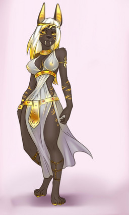 anklet anthro armband armlet black_body black_fur blonde_highlights breasts choker circlet clothed clothing fangs female fur gem girdle golden_pawpads hair highlights_(coloring) jewelry long_fangs looking_at_viewer multicolored_hair necklace nipple_outline ruby_(gem) sabertooth_(anatomy) small_waist smile solo standing stripes teeth two_tone_hair white_hair wide_hips kardie canid canine canis jackal mammal hi_res