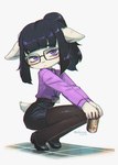 anthro back_hair body_hair bottomwear breasts clothing eyewear female footwear fur glasses high_heels legwear long_sleeve_shirt miniskirt name_tag office_lady purple_clothing purple_eyes purple_shirt purple_topwear shirt shoes sitting_on_feet skirt small_breasts small_waist solo tights topwear white_body white_fur porforever tala_taylor bovid caprine goat mammal hi_res