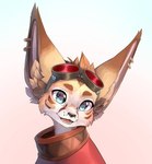 anthro band-aid bandage black_nose blue_eyes brown_body brown_fur brown_hair brown_markings bust_portrait canid canine cheek_tuft clothed clothing digital_media_(artwork) dipstick_ears ear_markings ear_piercing ear_ring eyewear eyewear_on_head facial_markings facial_tuft fennec_fox fox fur goggles goggles_on_head hair head_markings inner_ear_fluff looking_at_viewer male mammal markings multicolored_ears nico_the_fennec open_mouth piercing portrait red_clothing ring_piercing short_hair simple_background smile solo talilly tan_body tan_fur true_fox tuft white_body white_fur