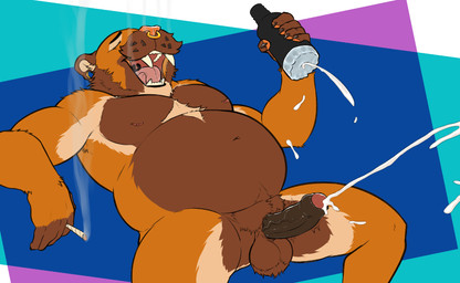 abstract_background anthro balls belly bodily_fluids cigar countershade_legs countershading cum ejaculation facial_piercing fangs flesh_tunnel foreskin genital_fluids genitals humanoid_genitalia humanoid_penis looking_pleasured male nose_piercing nose_ring nude overweight overweight_anthro overweight_male penetrable_sex_toy penis piercing reverse_countershading ring_piercing sex_toy sitting smoking solo teeth werewhisky ravi_(bearcvlt) felid mammal prehistoric_species saber-toothed_tiger 2026 hi_res