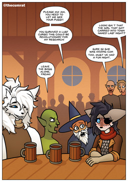 angry anthro armor beard blue_eyes blue_hair blush blush_lines brown_clothing clothing container crowd cup dark_hair detailed_background dialogue drinking embarrassed embarrassed_expression eye_patch eyewear facial_hair fantasy female fur green_body green_skin grey_body grey_fur group hair hat headgear headwear inside looking_at_another magic magic_user male public scarf sitting smile speech_bubble tavern teeth text white_body white_fur white_hair wizard_hat thecumrat volka canid canine canis goblin human humanoid mammal wolf absurd_res comic english_text hi_res