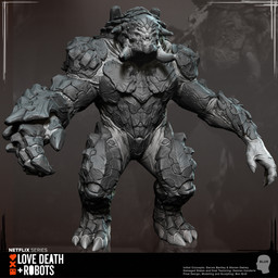 anthro anthrofied claws front_view male muscular muscular_male pose simple_background standing stocky teeth text tusks ben_erdt love_death_+_robots netflix turboraptor monster scalie 3d_(artwork) digital_media_(artwork) english_text hi_res official_art