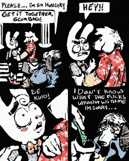 4_panel_comic aloha_shirt anthro bottomwear bow_tie cheek_spots clothing combover dialogue floppy_ears footwear group half-closed_eyes homeless male narrowed_eyes overalls pattern_clothing pattern_shirt pattern_topwear shirt shoes shorts sneakers speech_bubble teeth text tooth_gap topwear trio wide_eyed rawdawgcomics bingus_(rawdawgcomics) stahli_(rawdawgcomics) bird_dog canid canine canis domestic_dog golden_retriever hunting_dog lagomorph leporid mammal rabbit retriever 4:5 english_text hi_res