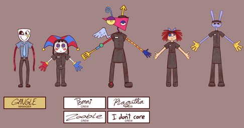 1_wing 4_fingers 5_fingers :| a-pose ambiguous_gender ambiguous_humanoid antennae_(anatomy) anthro apron back_wings belt belt_buckle biped black_apron black_bottomwear black_clothing black_dress_shirt black_eyes black_footwear black_headwear black_pants black_sclera black_shoes black_uniform blue_antennae blue_body blue_dress_shirt blue_eyes blue_feathers blue_necktie blue_stripes blue_wings blush bottomwear brown_hair buckle button_(fastener) button_eyes closed_smile clothed clothed_ambiguous clothed_anthro clothed_female clothed_human clothed_humanoid clothed_male clothing doll eyelashes eyeshadow fast_food_uniform feathered_wings feathers female female_human female_humanoid fingers fool's_hat footwear front_view fur gloves grey_background group hair half-closed_eyes handwear hat headgear headwear horn larger_ambiguous larger_anthro larger_female larger_humanoid larger_male makeup male male_anthro mask mismatched_eyes mitten_hands mouth_closed mouthless multicolored_eyes name_tag narrowed_eyes necktie no_pupils noseless pants pattern_clothing pattern_hat pattern_headgear pattern_headwear pinwheel_eyes purple_body purple_ears purple_eyeshadow purple_fur rag_doll_(toy) red_blush red_eyes red_hair red_ribbon red_stripes rosy_cheeks shoes simple_background size_difference smaller_ambiguous smaller_female smaller_human smaller_humanoid smile spatula spiral spiral_eyes standing striped_arms striped_clothing striped_hat striped_headgear striped_headwear stripes text tools visor_cap wheel_feet white_eyes white_mask wings yarn yellow_clothing yellow_gloves yellow_handwear yellow_horn yellow_sclera yellow_star gooseworx glitch_productions spudsy's the_amazing_digital_circus gangle_(tadc) jax_(tadc) pomni_(tadc) ragatha_(tadc) zooble_(tadc) animate_inanimate fabric_creature human humanoid lagomorph leporid living_doll living_mask living_toy mammal rabbit 2024 character_name colored concept_art digital_drawing_(artwork) digital_media_(artwork) english_description full-length_portrait handwritten_text hi_res model_sheet official_art portrait nonbinary_(lore)
