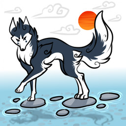 facial_markings feral head_markings lake male markings outside solo stepping_stones feralcatalyst monodog canid canine canis domestic_dog husky mammal nordic_sled_dog spitz hi_res