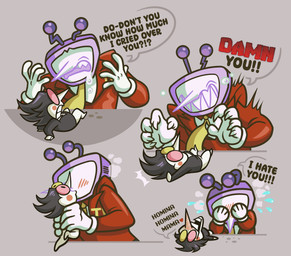 antennae_(anatomy) blush blush_lines bodily_fluids clothed clothing crying duo for_a_head kiss_on_lips kissing male male/male speech_bubble suit tears text kyrakupetsky deltarune undertale_(series) spamton_g._spamton tenna_(deltarune) darkner humanoid object_head english_text hi_res