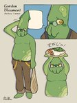 anthro blush bottomwear brown_bottomwear brown_clothing brown_jeans brown_pants clothed clothing denim denim_bottomwear denim_clothing eyewear fishing_net food glasses green_body jeans light_spots male net pants slightly_chubby solo tentacle_limbs topless wearing_glasses yellow_eyes adamphoebe conditional_dnp gordon_bleumont animal_humanoid cephalopod cephalopod_humanoid coleoid decapodiform humanoid marine marine_humanoid mollusk mollusk_humanoid squid squid_humanoid 3:4 hi_res model_sheet