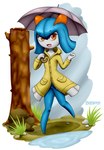 3_fingers blue_hair clothing coat detailed_background female fingers hair happy hollow_tree looking_at_viewer not_furry on_one_leg orange_eyes plant puddle raincoat short_hair simple_background solo standing topwear tree tree_trunk umbrella white_background baterco nintendo pokemon generation_3_pokemon humanoid kirlia pokemon_(species) shiny_pokemon 2021 hi_res signature