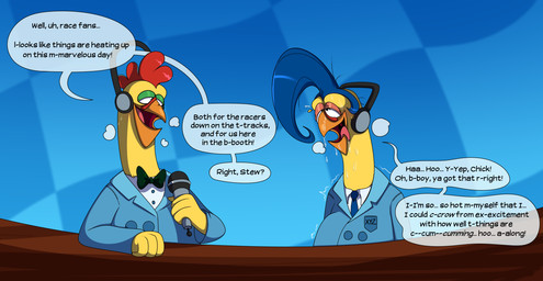 anthro avian_caruncle beak blue_clothing blue_hair blue_suit bodily_fluids bow_tie breath breathing button_(fastener) checkered checkered_background clothing collared_shirt comb_(anatomy) desk detailed_background dialogue dress_shirt duo electronics freudian_slip fur furniture green_eyelids hair half-closed_eyes head_crest headgear headphones headset holding_microphone holding_object implied_orgasm looking_at_another looking_at_partner looking_pleasured male male/male microphone narrowed_eyes necktie open_mouth pattern_background pink_eyelids red_comb_(anatomy) shaking shirt simple_background speech_bubble stuttering suit suit_jacket sweat sweatdrop sweating_profusely table text tongue tongue_out topwear tremble_lines trembling uvula yellow_body yellow_fur vorechestra activision crash_bandicoot_(series) crash_team_racing_(series) crash_team_racing_nitro-fueled chick_gizzard_lips stew_(crash_bandicoot) avian bird chicken galliform phasianid english_text hi_res