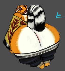 anthro anus anus_peek big_butt black_body black_bottomwear black_clothing black_fur black_nose black_pants bottomwear butt clothing eyelashes female fur grey_background looking_at_viewer looking_back looking_back_at_viewer markings orange_body orange_eyes orange_fur pants pink_anus rear_view simple_background solo striped_markings striped_tail stripes tail tail_markings topwear white_body white_fur wide_hips yellow_clothing yellow_sclera yellow_topwear ashclone dreamworks kung_fu_panda master_tigress felid mammal pantherine tiger