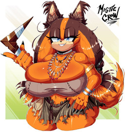 anthro big_breasts blue_eyes boomerang bottomwear bracelet breasts clothing crop_top female fingernails grin hair jewelry long_fingernails long_hair nails necklace orange_body shirt skirt smile solo tail thick_thighs topwear misticcrow sega sonic_boom sonic_the_hedgehog_(series) sticks_the_jungle_badger badger mammal mustelid musteline hi_res