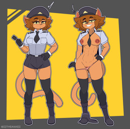 abs anthro areola barbell_piercing boots bottomwear brown_hair clothing eyelashes female flashlight footwear fur gloves hair hand_on_hip handwear hat headgear headwear holding_object long_eyelashes necktie nipple_dip nipple_piercing nipples officer orange_body orange_fur piercing police presenting shoes shorts smile solo standing underwear the_man felid feline mammal 2026 absurd_res hi_res