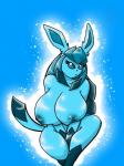 anthro big_breasts biped blue_background blue_body blue_eyes blue_fur blue_hair blue_nipples breasts female fur hair long_hair looking_at_viewer nipples nude pokemorph simple_background sitting solo kingjion nintendo pokemon canid eeveelution generation_4_pokemon glaceon mammal pokemon_(species) 3:4