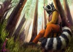 anthro flower forest fur grass knife male outside plant sun tree dimonis mammal procyonid raccoon digital_media_(artwork) hi_res signature watermark