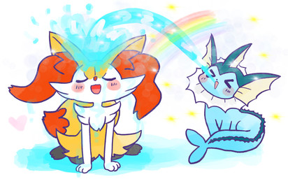 >o< ambiguous_anthro ambiguous_feral ambiguous_gender anthro biped blush blush_stickers cooling_off digitigrade dipstick_tail duo eyes_closed feral front_view heart_symbol kneeling markings open_:3 open_mouth open_smile quadruped rainbow side_view simple_background sitting smile sparkles tail tail_markings water_from_mouth wet annyui0611 nintendo pokemon braixen canid eeveelution generation_1_pokemon generation_6_pokemon mammal pokemon_(species) vaporeon 2024 digital_drawing_(artwork) digital_media_(artwork) hi_res japanese_description translated_description