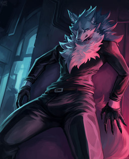 anthro belt black_bottomwear black_clothing black_pants black_shirt black_topwear bottomwear bulge cheek_tuft chest_tuft clothed clothing erection erection_under_clothing facial_tuft fluffy fully_clothed gloves handwear inner_ear_fluff male neck_tuft outside pants shirt solo topwear tuft nurinaki brand_new_animal studio_trigger shirou_ogami canid canine canis mammal wolf 2021 shaded