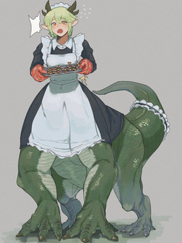 clothed clothed_female clothed_taur clothing female green_hair grey_background hair holding_tray horn maid_headdress maid_uniform quadruped simple_background solo split_form uniform tlto1910 mythology dragon dragon_taur mythological_creature mythological_scalie scalie taur 3:4 absurd_res hi_res