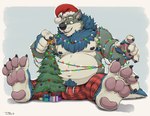 anthro areola balls_outline belly big_bulge biped blue_body blue_fur bulge christmas_clothing christmas_headwear christmas_tree clothing detailed_bulge fangs fur genital_outline grey_body grey_fur hat headgear headwear holidays macro male male_anthro moobs navel neck_tuft nipples open_mouth overweight overweight_anthro overweight_male pajama_pants pawpads paws plant plantigrade pubes santa_hat simple_background solo teeth tree tuft white_body white_fur teaselbone christmas pj_(teaselbone) canid canine canis mammal wolf 2024 hi_res