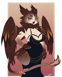 accessory anthro beak black_clothing black_dress breasts brown_body brown_fur clothing dress eyelashes facial_markings female fluffy_hips fur furgonomics gold_(metal) gold_jewelry hand_on_hip head_markings hip_tuft jewelry long_eyelashes looking_at_viewer markings multicolored_body multicolored_fur neck_tuft o-ring open_mouth paws ring simple_background solo tail tail_accessory tail_jewelry tail_ring tail_tuft tan_body tan_fur tuft two_tone_body two_tone_fur wing_jewelry wings yellow_eyes leanivbirb vinael hollow_hip_backless_chain_dress meme_clothing mythology avian gryphon mythological_avian mythological_creature 2024 hi_res meme