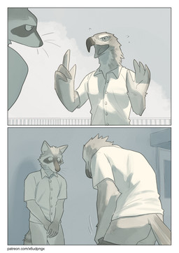 anthro beak biped black_body black_fur bottomless bottomless_anthro bottomless_male bottomwear bottomwear_down butt clothed clothing covering covering_crotch covering_self duo feathers fur grey_body grey_fur male multicolored_body multicolored_fur pants pants_down partially_clothed shirt tail tail_feathers text topwear undressing whiskers white_body white_clothing white_fur white_shirt white_topwear wide_eyed pngx accipitrid accipitriform avian bird eagle mammal procyonid raccoon 2023 absurd_res comic digital_media_(artwork) hi_res url