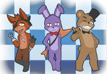 3_toes 4_fingers anthro barefoot big_head black_nose blue_eyes bottomwear bow_(feature) bow_tie brown_body brown_eyes brown_fur checkered checkered_background clothed clothing electric_guitar electronics eye_patch eyewear feet fingers front_view fur gesture gloves_(marking) group guitar hand_on_hip hat headgear headwear holding_microphone holding_object hook hook_hand leg_markings long_ears looking_at_viewer machine male markings microphone musical_instrument nude one_eye_closed open_mouth open_smile pants pattern_background plucked_string_instrument purple_body purple_fur raised_finger raised_pinky scar simple_background smile socks_(marking) standing string_instrument teeth toes toony top_hat topless torn_clothing wink nukde five_nights_at_freddy's flying_v gibson scottgames bonnie_(fnaf) foxy_(fnaf) freddy_(fnaf) animatronic lagomorph leporid mammal rabbit robot