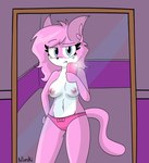 anthro blue_eyes bow_panties bow_underwear clothing female fur hair panties pink_body pink_clothing pink_fur pink_hair pink_panties pink_underwear selfie solo underwear nehmkey vg_cats aeris_(vg_cats) domestic_cat felid feline felis mammal