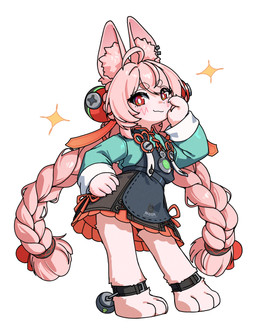 3_toes 5_fingers ahoge anklet anthro barefoot braided_pigtails claws clothed clothed_anthro clothed_female clothing dress ear_piercing ear_ring feet female fingers flat_chested fully_clothed fully_clothed_anthro fully_clothed_female fur hair inner_ear_fluff jewelry paws piercing pink_body pink_fur pink_hair red_eyes ring_piercing simple_background toes tuft white_background yger mihoyo zenless_zone_zero zhao_(zenless_zone_zero) lagomorph leporid mammal rabbit thiren 2025 absurd_res full-length_portrait hi_res portrait