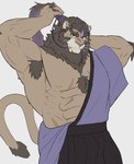 abs anthro asian_clothing brown_body brown_fur clothing east_asian_clothing fur hair japanese_clothing kimono long_hair male mane muscular muscular_anthro muscular_male nipples pecs ponytail samurai solo warrior nikukyu299paw lifewonders live_a_hero toshu felid lion mammal pantherine hi_res