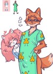 anthro blush chest_tuft clothed clothing duo emanata exposed_ass eyes_closed eyewear female fox_tail fur hair heart_symbol hospital_gown jacket male messy_hair orange_body orange_fur pattern_clothing penis_drawing pigtails pink_body pink_fur pink_hair shirt simple_background smile sunglasses topwear tuft white_background young tozamtr postal_(series) fur_(theterm) postal_dude canid canine fox human mammal true_fox crossover hi_res