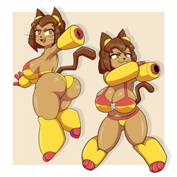 aiming anthro arm_cannon big_breasts bikini breasts butt clothed clothing female huge_breasts looking_at_viewer open_mouth ranged_weapon smile standing swimwear tail two-piece_swimsuit weapon weapon_arm thegeckoninja gameoverse glitch_productions kit_bodega domestic_cat felid feline felis mammal 2026 absurd_res hi_res