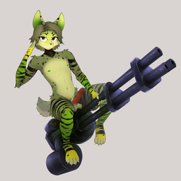 anthro balls black_stripes ere erection gatling_gun genitals green_body gun holding_gun holding_object holding_ranged_weapon holding_weapon looking_at_viewer machine_gun male markings navel nude penis purple_eyes ranged_weapon short_tail sitting_on_weapon solo spots spotted_body striped_body stripes tail weapon yellow_body 4m4i fan_character felid feline mammal 1:1 absurd_res hi_res