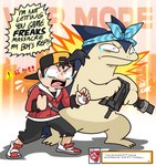 2024 2024_pokemon_gigaleak 5_fingers anthro biped clothed clothing dialogue duo english_text ethan_(pokemon) fingers generation_2_pokemon gun hair hat headgear headwear hi_res holding_gun holding_object holding_pokeball holding_ranged_weapon holding_weapon humor justice_for_typhlosion male mattyburrito nintendo open_mouth pokeball pokemon pokemon_(species) ranged_weapon speech_bubble text typhlosion weapon