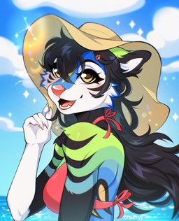 5_fingers anthro arm_tuft beach bikini bikini_top black_hair cheek_tuft clothing facial_tuft female fingers fur fur_markings hair halter_bikini halterneck happy long_hair markings multicolored_body multicolored_fur nature nature_background open_mouth shoulder_tuft sky solo summer_hat swimwear tuft two-piece_swimsuit yellow_eyes crydogg erika_(trashcat14) canid canine canis domestic_dog fox hybrid mammal hi_res