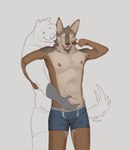 anthro belly belly_grab belly_overhang belly_pinch belly_play blue_boxer_briefs blue_clothing blue_underwear boxer_briefs boxer_briefs_only brush bulge chest_tuft chubby_face clothed clothing collarbone cuddling duo eyebrows eyes_closed fur grabbing_from_behind grey_background grey_body grey_fur head_tuft looking_down looking_down_at_stomach male male/male multicolored_body multicolored_fur navel neck_tuft nipples romantic romantic_couple shirtless shirtless_anthro shirtless_male simple_background slightly_chubby slightly_chubby_anthro slightly_chubby_male tail tan_body tan_fur toothbrush topless tuft underwear underwear_only weight_difference weight_teasing alexyz_kun arches_(game) echo_(series) echo_project cameron_wilson devon_ortega bear brown_bear canid canine canis coyote mammal ursine hi_res unfinished