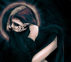 bent_over big_breasts biped black_clothing black_dress black_lipstick black_nails black_sclera bodily_fluids breasts clothed clothing colored_nails crying dress female front_view fully_clothed hair lipstick looking_at_viewer makeup mascara multicolored_hair nails not_furry running_makeup running_mascara short_hair solo split_dress tears two_tone_hair vyxenificous victoria_scratch humanoid mammal 2025 digital_media_(artwork) full-length_portrait pixel_(artwork) portrait restricted_palette shaded