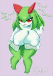 big_breasts breasts clothed clothing dialogue female hair huge_breasts nipple_outline pokemorph red_eyes short_stack simple_background solo text masked-agent nintendo pokemon celia_(penlink) generation_3_pokemon humanoid kirlia mammal pokemon_(species) english_text hi_res