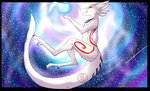 4_ears 5_fingers 5_toes anthro biped black_sclera feet female fingers fur hand_feet horn long_tail multi_ear quills_(anatomy) red_eyes smile solo space star tail toes white_body white_fur songgoishtar yari_litten_ve'rek alien sek_(species) sur'ri cool_colors