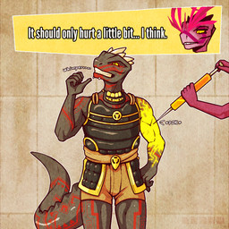 ambiguous_gender armor clothing dialogue dialogue_box disembodied_hand disembodied_head duo facial_markings glistening glistening_body head_markings horn jewelry male markings muscular muscular_male necklace science_fiction shrinking size_transformation solo_focus speech_bubble syringe tail tail_markings tattoo text transformation tribal tribal_markings areye_(artist) microsoft the_elder_scrolls the_elder_scrolls_online argonian scalie 1:1 comic english_text hi_res sequence