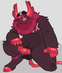 anthro balls belly brown_body brown_fur erection facial_scar fur genitals hooves horn knot long_tail male neck_tuft penis red_body red_fur scar slightly_chubby solo spiked_penis spikes spikes_(anatomy) tail tuft koi_567 forsaken_(roblox) roblox guest_666_(forsaken) demon monster robloxian absurd_res hi_res nonbinary_(lore)