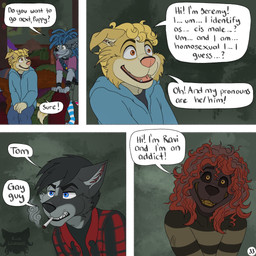 4_panel_comic anthro black_body black_hair black_sclera blue_eyes blue_hair bottomwear bracelet brown_eyes chain_piercing cheek_tuft cigarette clothed clothing collar dialogue dirty dirty_clothing ear_piercing eyebrow_piercing facial_piercing facial_tuft flannel_shirt front_view fur green_eyes greeting grey_body grey_fur group hair hands_on_lap hoodie jewelry legwear logo male nose_piercing pants piercing pink_clothing pink_shirt pink_topwear pronouns red_hair shirt shorts sitting smile smiling_at_viewer smoke smoking smoking_cigarette spiked_bracelet spiked_collar spikes stated_homosexuality stated_sexuality stockings sweater tail text topwear tuft yellow_body yellow_eyes yellow_fur kriek_wildebeest jeremy_(kriek_wildebeest) parker_(kriek_wildebeest) ravi_(kriek_wildebeest) tom_(kriek_wildebeest) bird_dog border_collie canid canine canis cavalier_king_charles_spaniel collie domestic_dog herding_dog hunting_dog husky hybrid mammal nordic_sled_dog pastoral_dog portuguese_water_dog sheepdog sighthound spaniel spitz toy_dog wolf 1:1 artist_logo comic digital_drawing_(artwork) digital_media_(artwork) english_text hi_res multiple_scenes nonbinary_(lore)