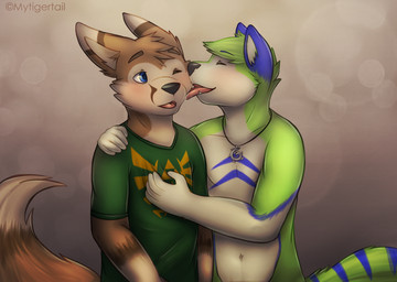 anthro blue_eyes clothed clothing countershading duo jewelry licking male male/male navel necklace open_mouth smile tongue tongue_out topless mytigertail canid canine canis domestic_dog fennec_fox fox mammal true_fox 2015 signature