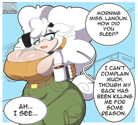 anthro belt beverage big_breasts big_hair black_horn blue_eyes blue_sclera bodily_fluids bottomwear breasts brown_belt cleavage cleavage_overflow clothed clothing coffee coffee_mug container countershading cup dialogue eyelashes female fingerless_gloves fluffy fluffy_hair fur glistening glistening_eyes gloves green_bottomwear green_clothing green_pants hair half-closed_eyes handwear holding_coffee_mug holding_container holding_cup holding_mug holding_object horn huge_breasts huge_hips huge_thighs motion_lines mug narrowed_eyes nipple_outline open_mouth pants pink_tongue shirt solo speech_bubble sweat sweaty_breasts tail tan_body tan_countershading tan_skin tank_top teeth teeth_showing text thick_thighs tongue topwear white_body white_ears white_fur white_tail white_wool wide_hips wool_(fur) mocha-draws idw_publishing sega sonic_the_hedgehog_(comics) sonic_the_hedgehog_(idw) sonic_the_hedgehog_(series) lanolin_the_sheep_(sonic) bovid caprine mammal sheep absurd_res artist_name english_text hi_res watermark