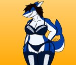 anthro blue_body blue_clothing blue_skin breasts brown_hair clothing female fin green_eyes hair hand_on_hip lingerie smile solo tail underwear ash_the_skunk fish marine shark absurd_res hi_res