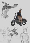 anthro badge breasts clothing dark_body duo ear_piercing ear_ring female gun hearing_protection male motorcycle necktie piercing ranged_weapon ring_piercing uniform vehicle weapon nx_wildkongo canid canine canis dobermann domestic_dog human mammal pinscher hi_res