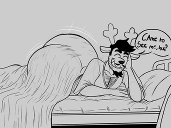 anthro antlers bed bed_sheet bedding big_butt black_eyebrows black_facial_hair black_goatee black_head black_mustache body_hair butt chest_hair clothing dialogue eyebrows eyes_closed facial_hair furniture goatee horn male mustache on_bed pillow question_mark shirt smile solo speech_bubble text topwear nabb-kun deltarune undertale_(series) rudolph_holiday deer mammal new_world_deer reindeer 2026 digital_drawing_(artwork) digital_media_(artwork) english_description english_text hi_res monochrome sketch