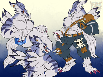 3_toes abs anthro armband bared_teeth belt belt_buckle biceps big_bulge big_muscles big_pecs block blue_body bottomwear buckle bulge claws clenched_teeth clothing crossed_legs cube_(object) ear_piercing ear_ring eye_scar facial_markings facial_scar feet fluffy fluffy_tail gradient_background head_markings holding_object long_ears male markings mouth_closed multicolored_body multiple_poses muscular muscular_anthro muscular_male navel nude_anthro nude_male open_mouth pants pecs piercing pose purple_claws rear_view ring_piercing rubbing_neck scar simple_background sitting solo spikes standing straps striped_body striped_face stripes tail teeth toe_claws toes torn_bottomwear torn_clothing torn_pants white_body yellow_eyes daikuhiroshiama bandai_namco digimon digimon_(species) weregarurumon 2026 hi_res watermark